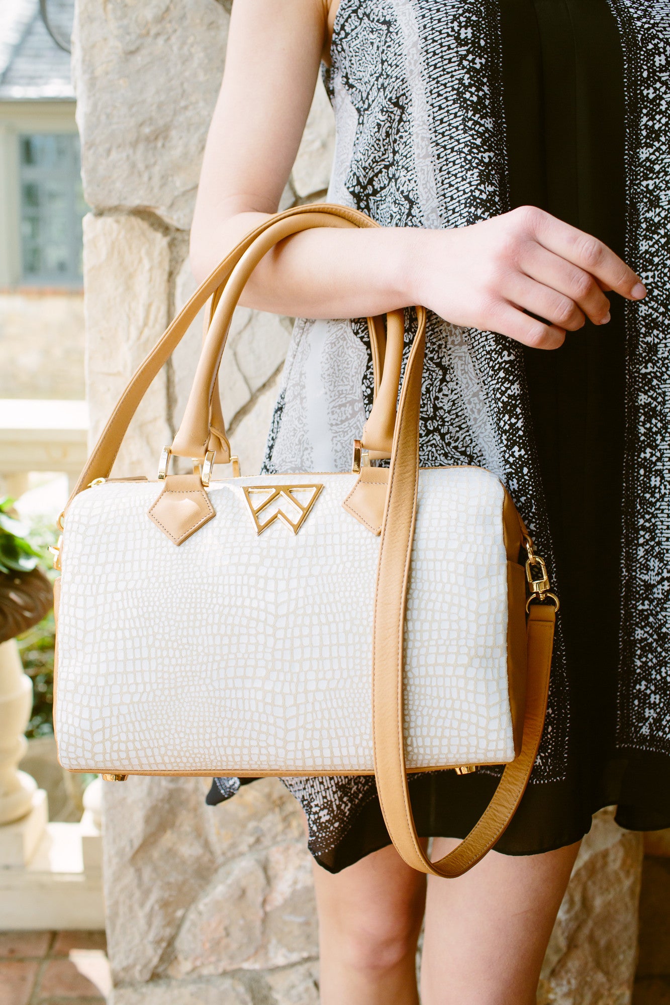 I Duffle Dare You in Stone White Baby Croc and Camel - Lifestyle