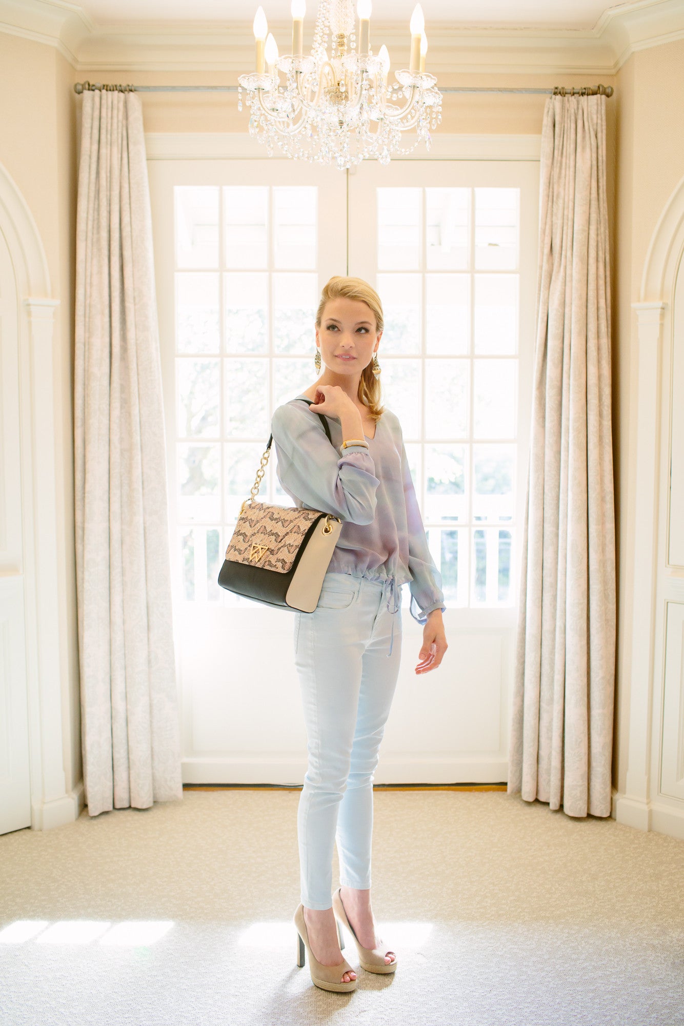 Pop The Champagne Shoulder in Salmon, Black Python with Cream & Black - Lifestyle