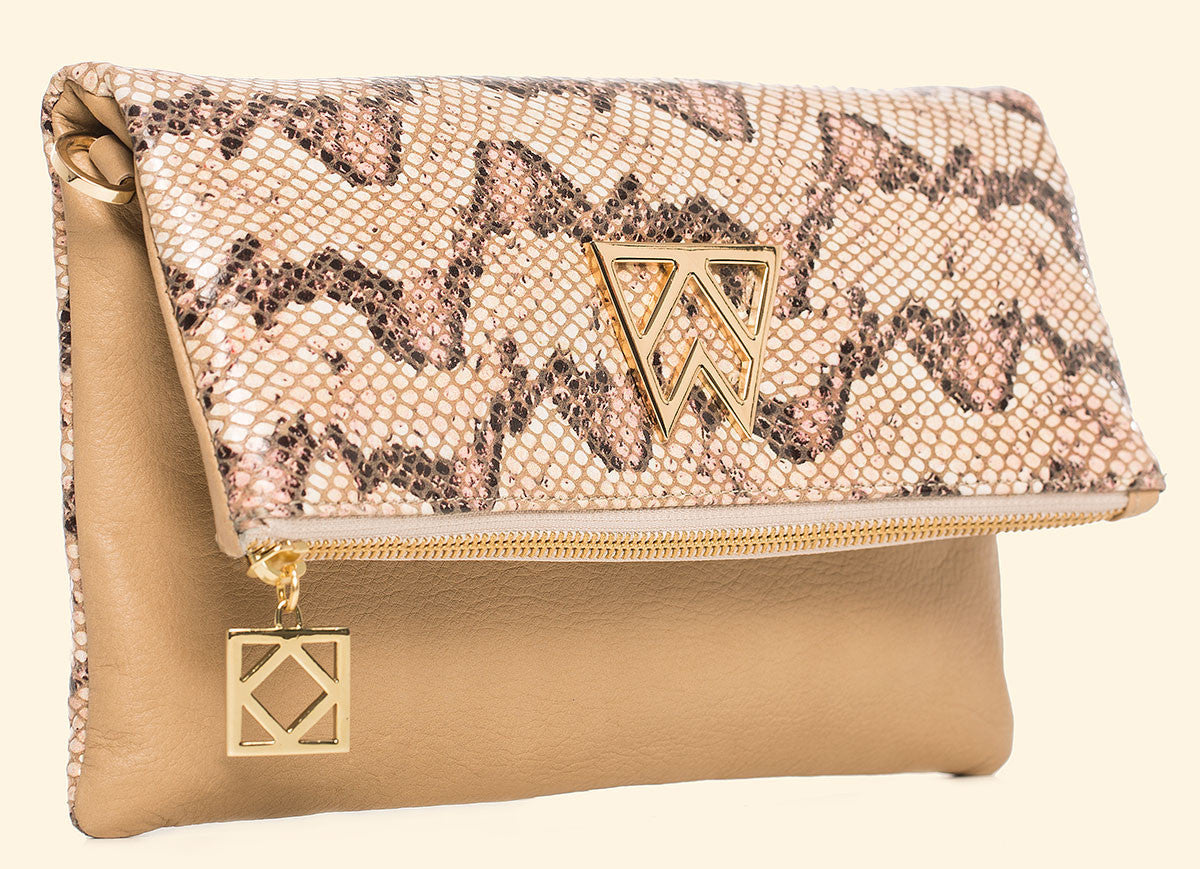 Flirty Little Foldover in Salmon, Black Python and Sand