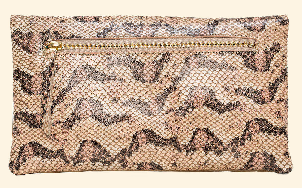 Flirty Little Foldover in Salmon, Black Python and Sand