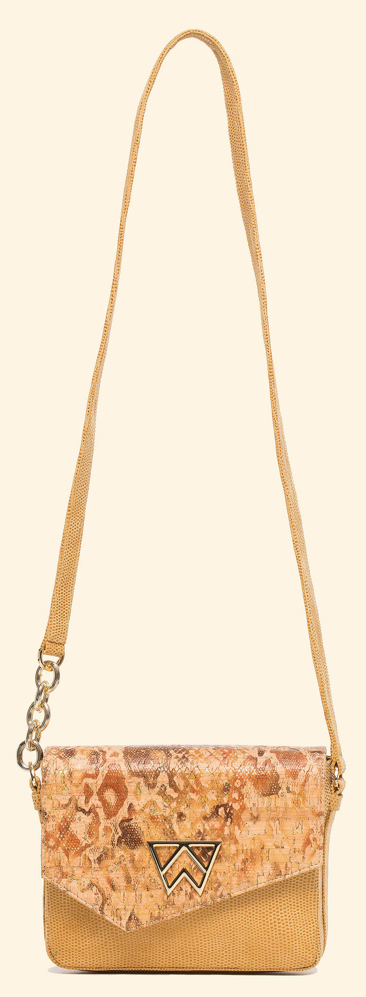 Call On Me Crossbody in Embossed Gold Flake Cork and Camel Lizard
