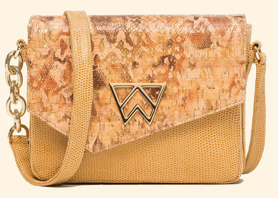 Call On Me Crossbody in Embossed Gold Flake Cork and Camel Lizard