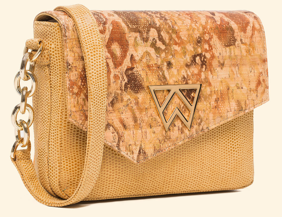 Call On Me Crossbody in Embossed Gold Flake Cork and Camel Lizard