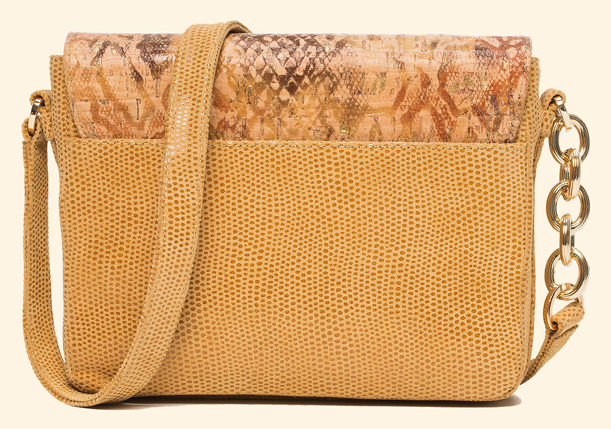 Call On Me Crossbody in Embossed Gold Flake Cork and Camel Lizard
