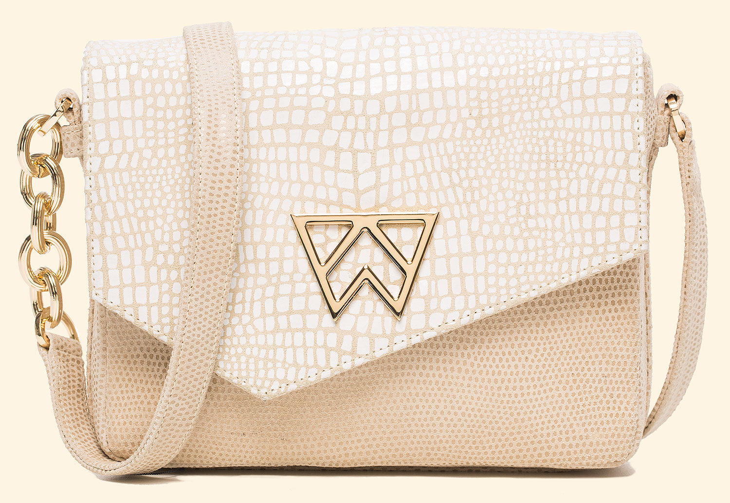 Call On Me Crossbody in Stone White Baby Croc and Stone Lizard