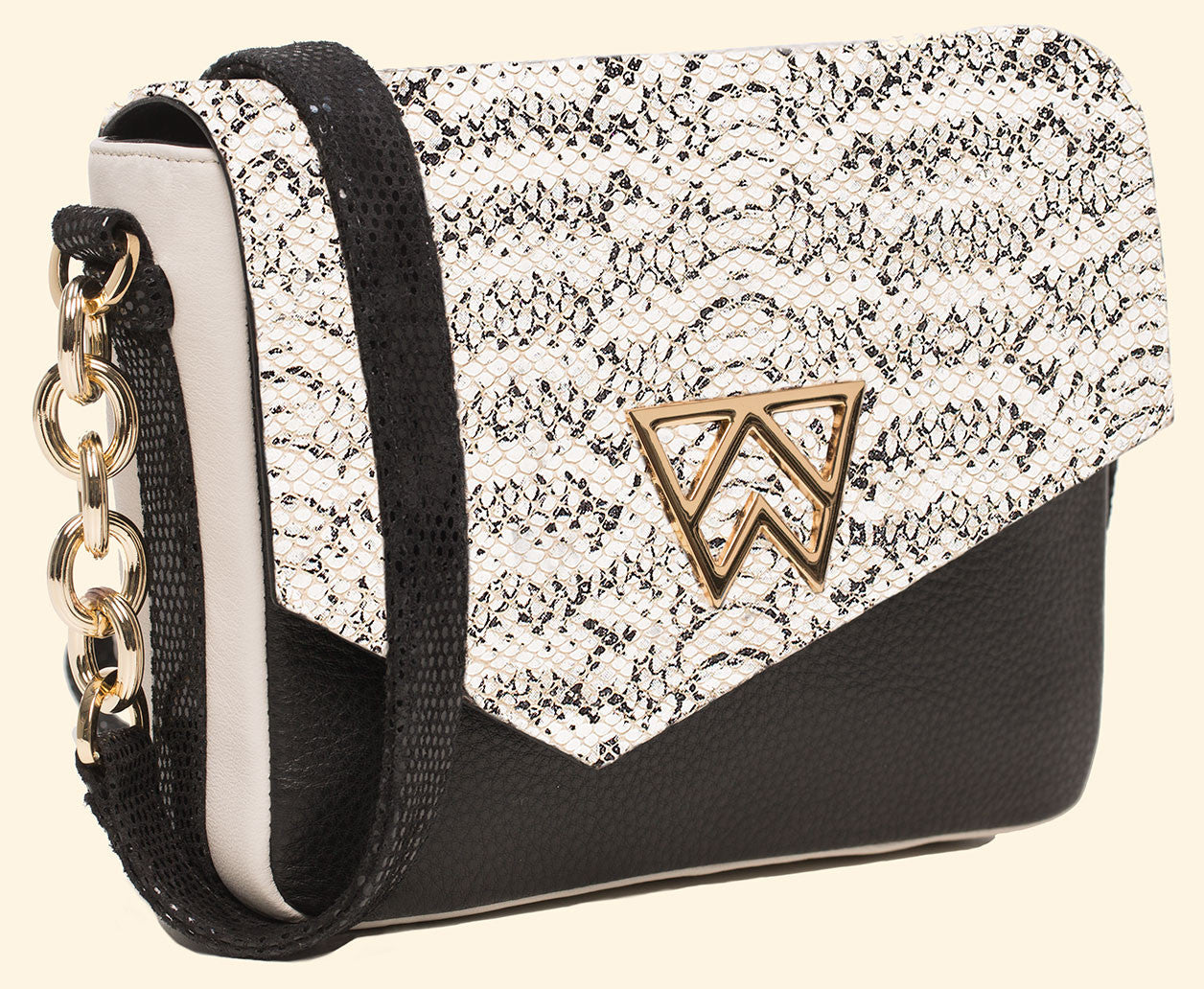 Call On Me Crossbody in Black, White Python and Black Lizard