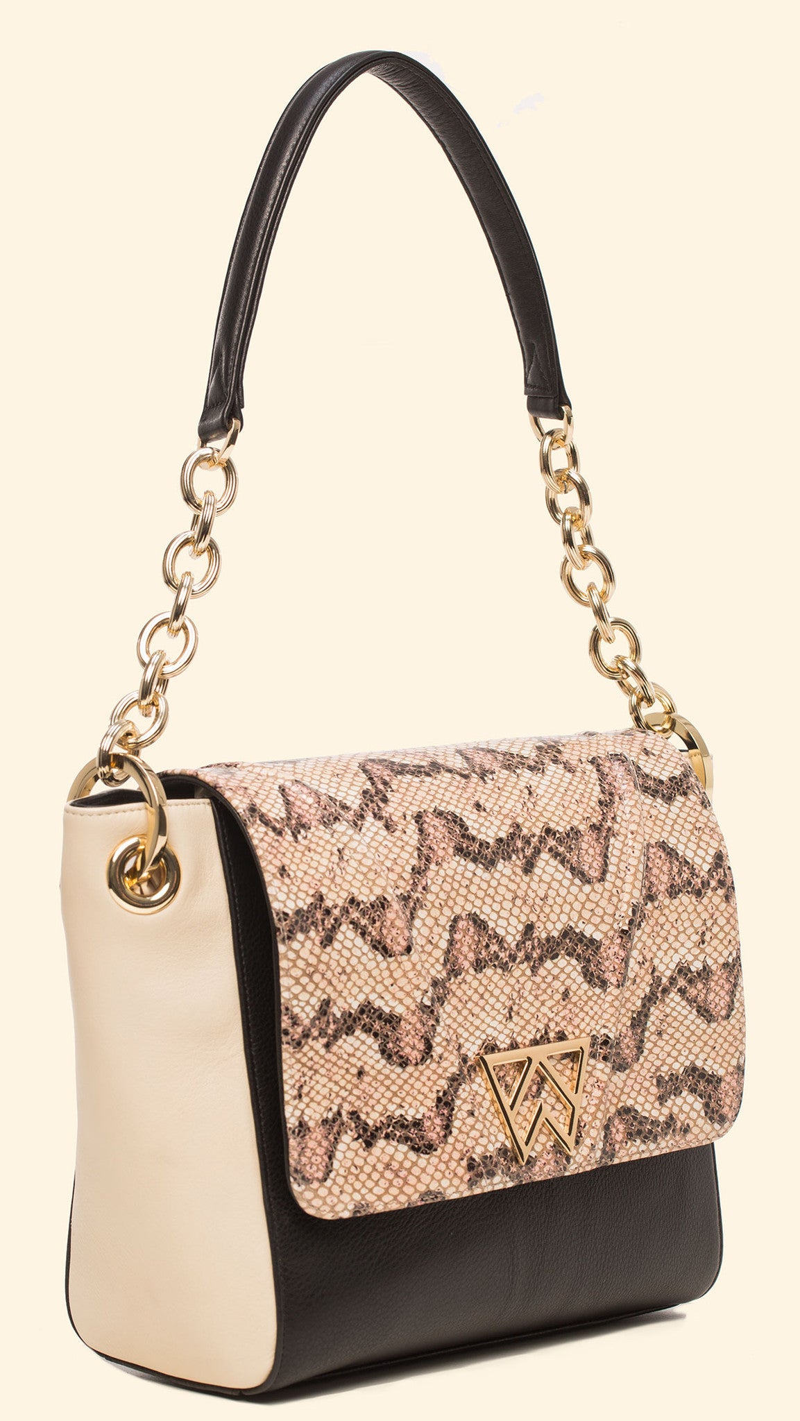 Pop The Champagne Shoulder in Salmon, Black Python with Cream & Black
