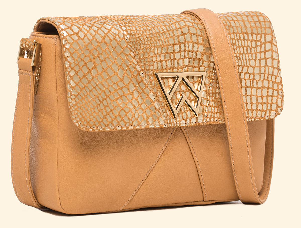 Cheers To Me Crossbody in Camel Gold Platinum Baby Croc