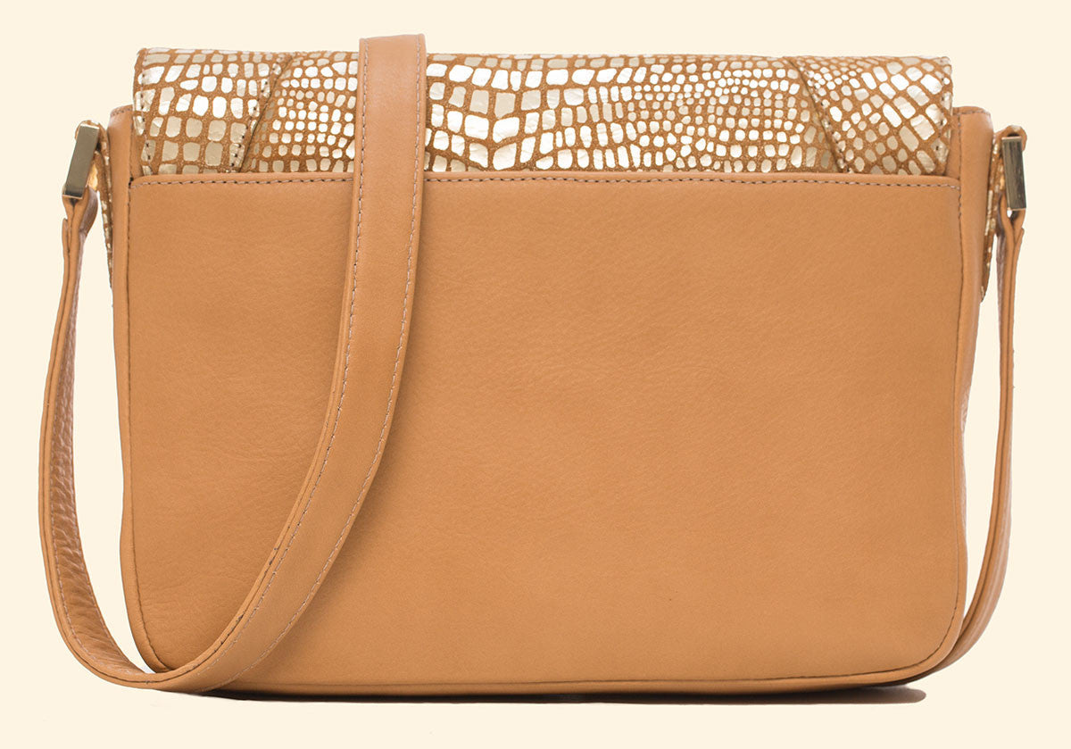 Cheers To Me Crossbody in Camel Gold Platinum Baby Croc